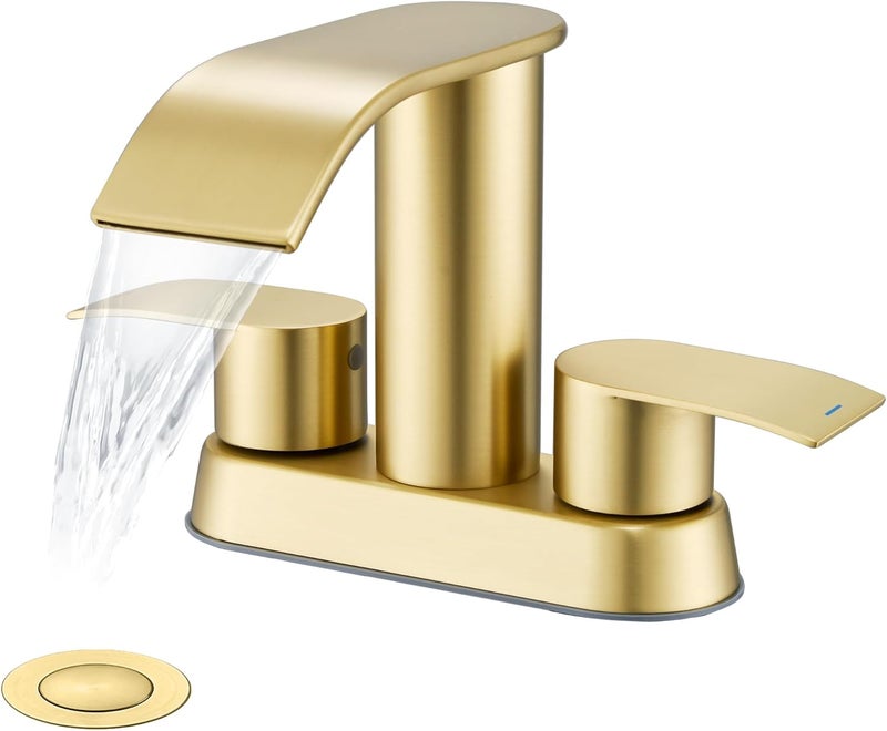Ultimate Unicorn Bathroom Faucet for Sink Brushed Gold, 4 Inch Bathroom Sink Faucet for 3 or 2 Holes, 2 Handle Waterfall Faucets with Pop up Drain, Centerset Faucets for RV, Patent No. : US D983,326 S - Image 1